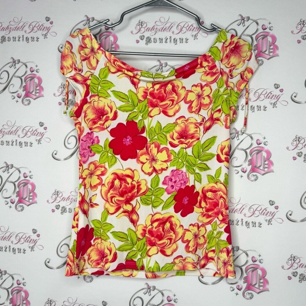 Reitmans top cinch tie sleeves bright flowers Floral Print shirt y2k neon - Picture 2 of 11
